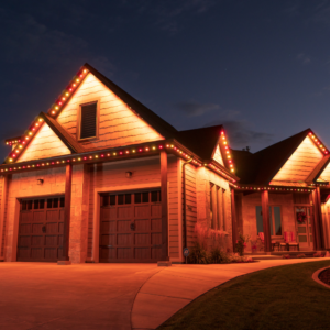 Modern house with orange permanent LED lighting accenting the roofline at night